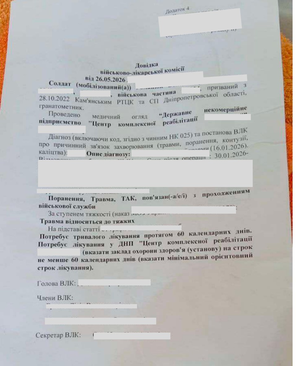 Документ: Довідка військово-лікарської комісії (знеособлено)
